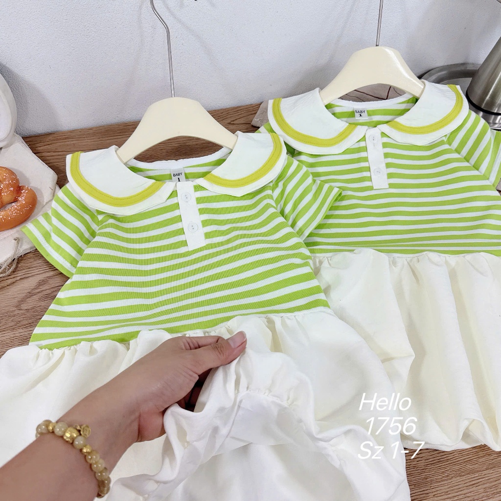 Váy Cổ Sen Họa Tiết Sọc Ngang Bé Gái Váy Suông Chất Đũi Phối Váy Dáng Bí Dễ Thương Thoải Mái BR21
