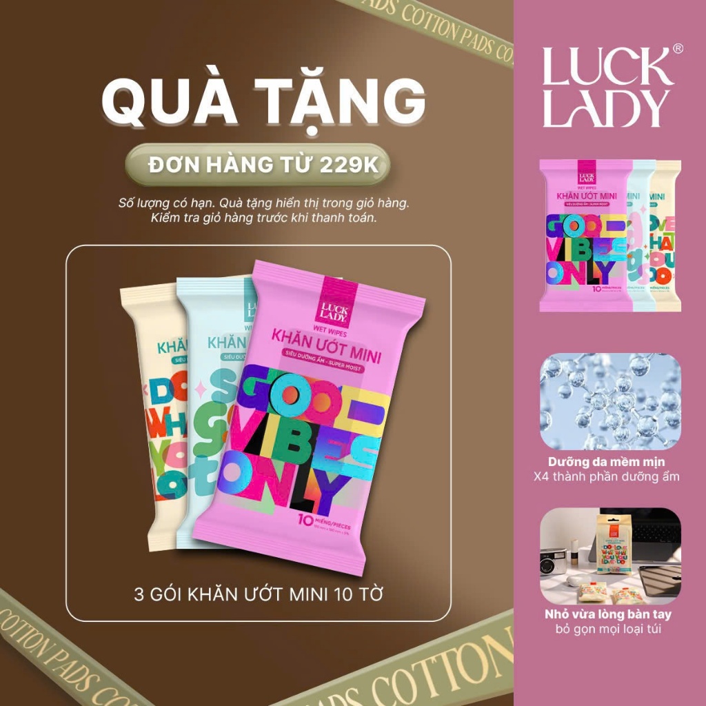 [Quà tặng 229K] Combo 3 gói khăn ướt mini 10 tờ Luck Lady