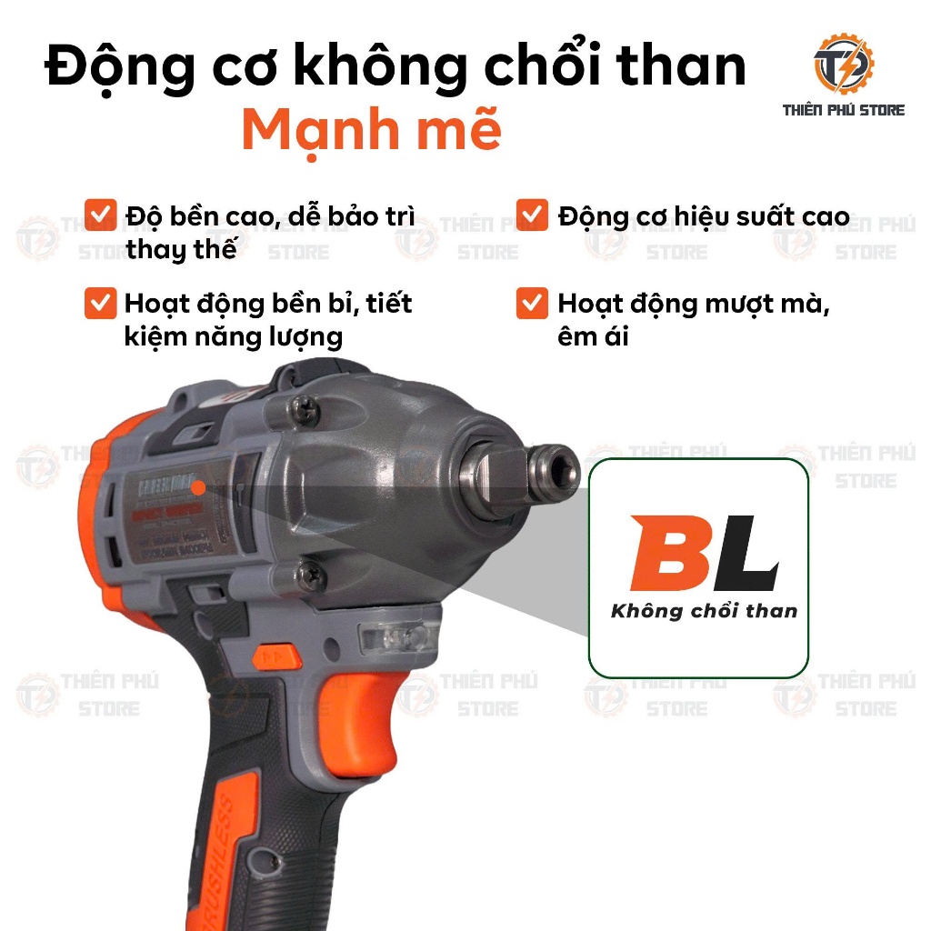 Thân Máy Siết Bulong GREEKMAN GR-MC350BL | Lực Siết 350Nm | Động Cơ Không Chổi Than | Đầu 1/2 Inch | Đa Năng Chính Hãng