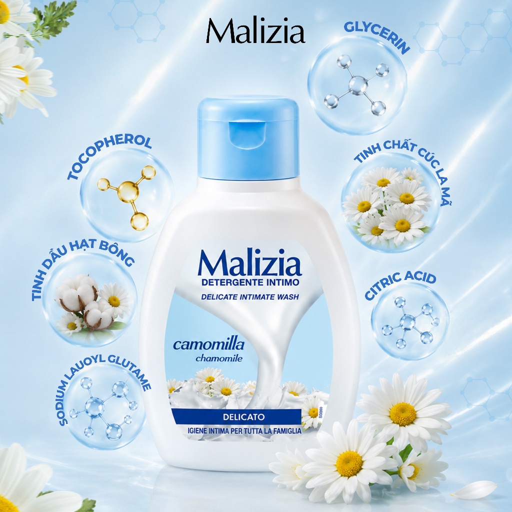 Dung Dịch Vệ Sinh Phụ Nữ Malizia Camomilla 200ml Hoa Cúc Dịu Nhẹ Làm Sạch Cân Bằng pH Cho Da Nhạy Cảm Dùng Mỗi Ngày
