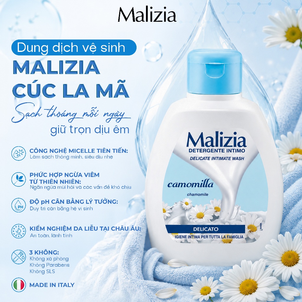 Dung Dịch Vệ Sinh Phụ Nữ Malizia Camomilla 200ml Hoa Cúc Dịu Nhẹ Làm Sạch Cân Bằng pH Cho Da Nhạy Cảm Dùng Mỗi Ngày