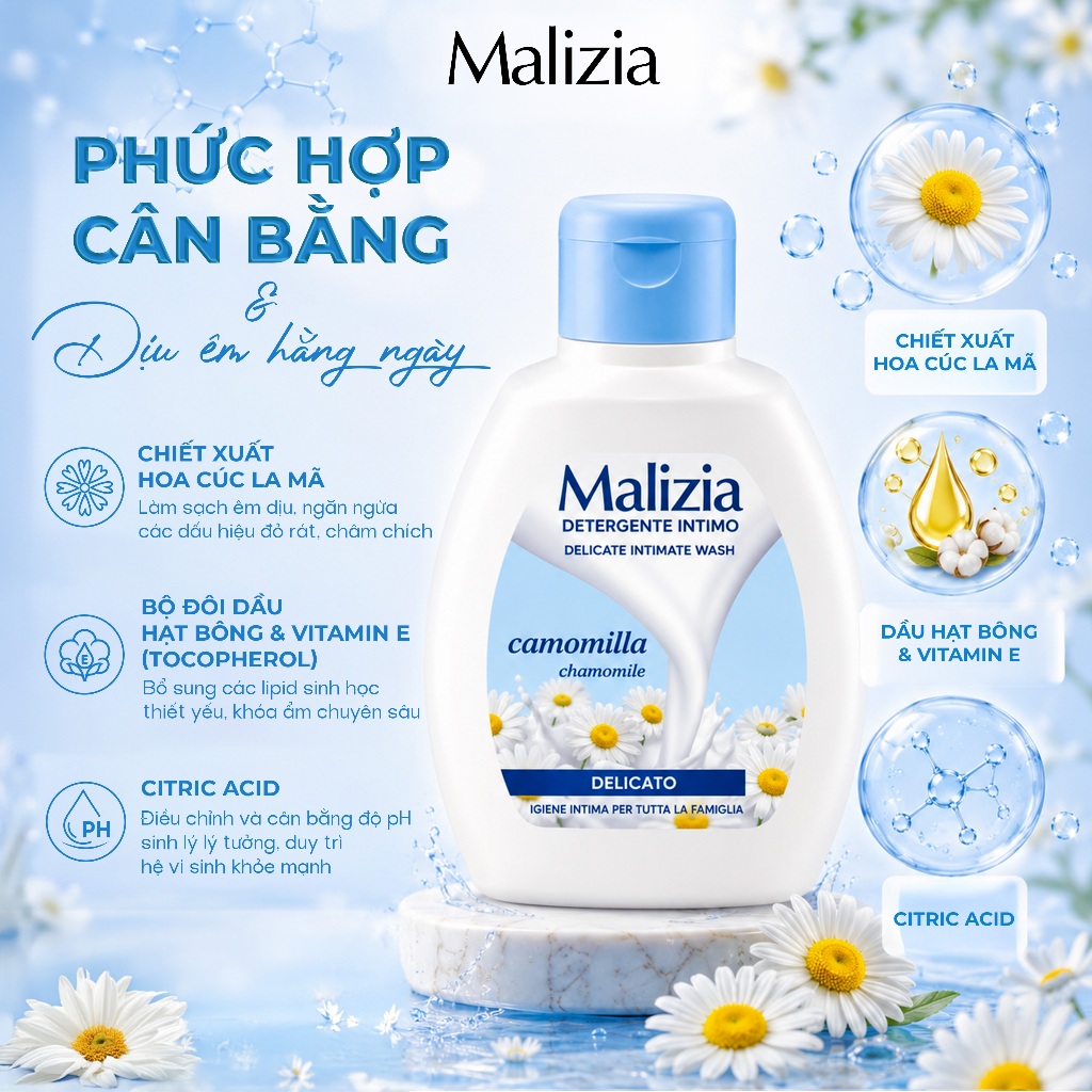 Dung Dịch Vệ Sinh Phụ Nữ Malizia Camomilla 200ml Hoa Cúc Dịu Nhẹ Làm Sạch Cân Bằng pH Cho Da Nhạy Cảm Dùng Mỗi Ngày