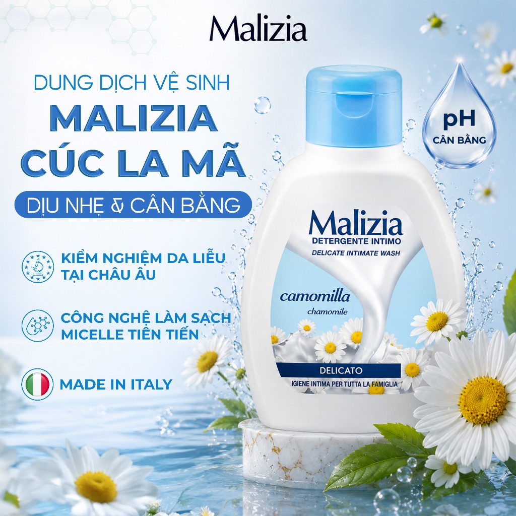 Dung Dịch Vệ Sinh Phụ Nữ Malizia Camomilla 200ml Hoa Cúc Dịu Nhẹ Làm Sạch Cân Bằng pH Cho Da Nhạy Cảm Dùng Mỗi Ngày