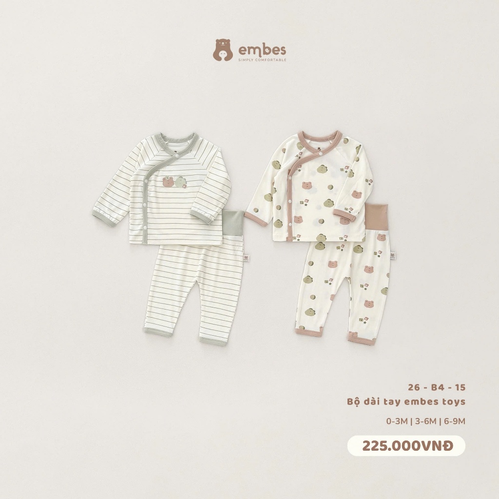 Bộ Sơ Sinh Embes, Bộ Dài Tay Cài Chéo In Họa Tiết Chất Viscose Mềm Mại Cho Bé Sơ Sinh Từ 0-9 Tháng