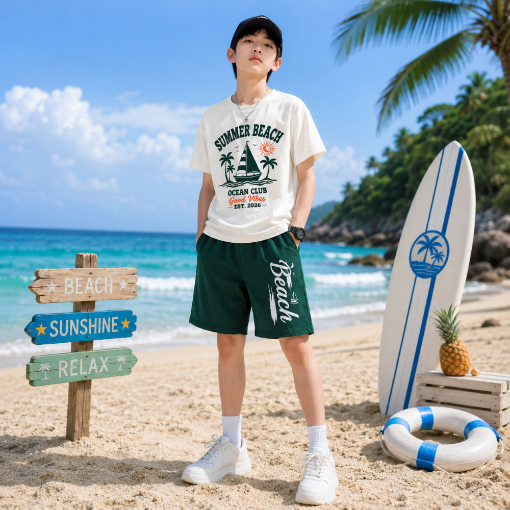 Bộ Bé Trai SUMMER BEACH Cotton Mềm Mát, Áo Thun Tay Ngắn Quần Short Năng Động Cho Bé 17-60kg