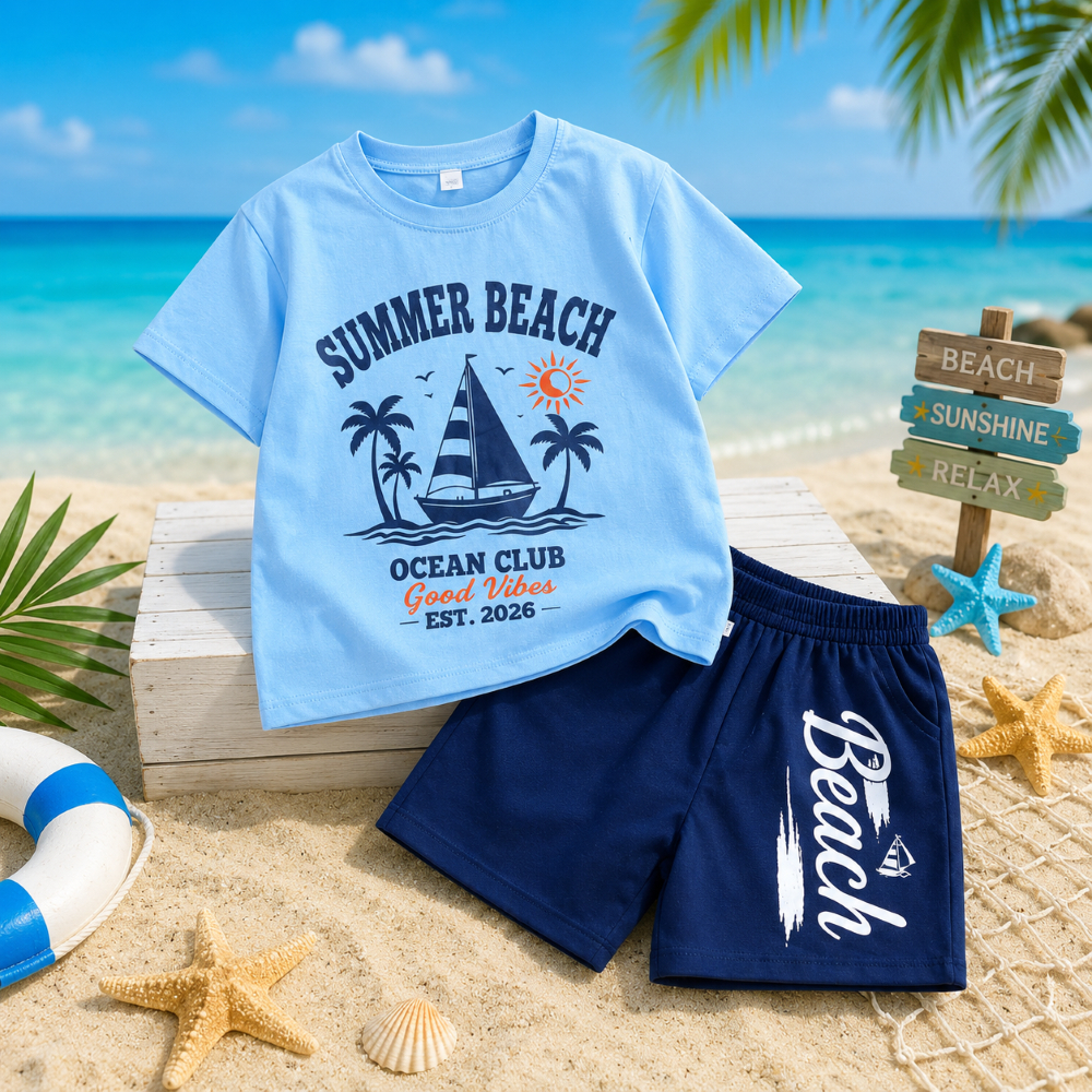 Bộ Bé Trai SUMMER BEACH Cotton Mềm Mát, Áo Thun Tay Ngắn Quần Short Năng Động Cho Bé 17-60kg