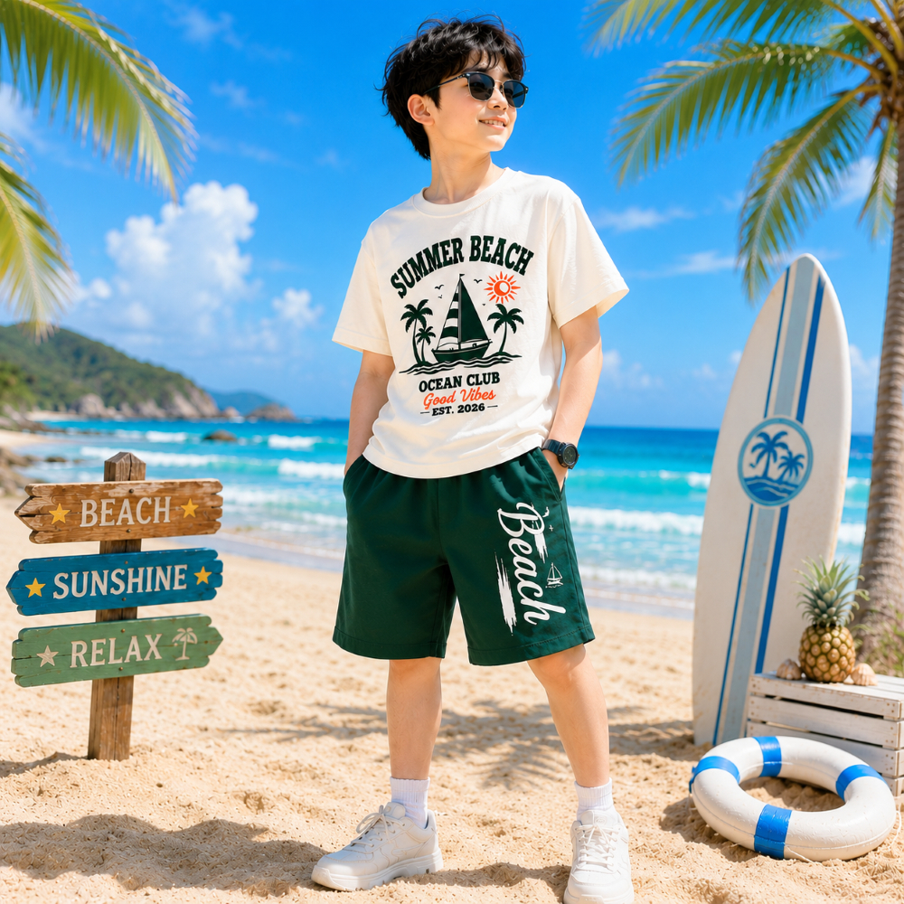 Bộ Bé Trai SUMMER BEACH Cotton Mềm Mát, Áo Thun Tay Ngắn Quần Short Năng Động Cho Bé 17-60kg