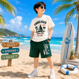 Bộ Bé Trai SUMMER BEACH Cotton Mềm Mát, Áo Thun Tay Ngắn Quần Short Năng Động Cho Bé 17-60kg