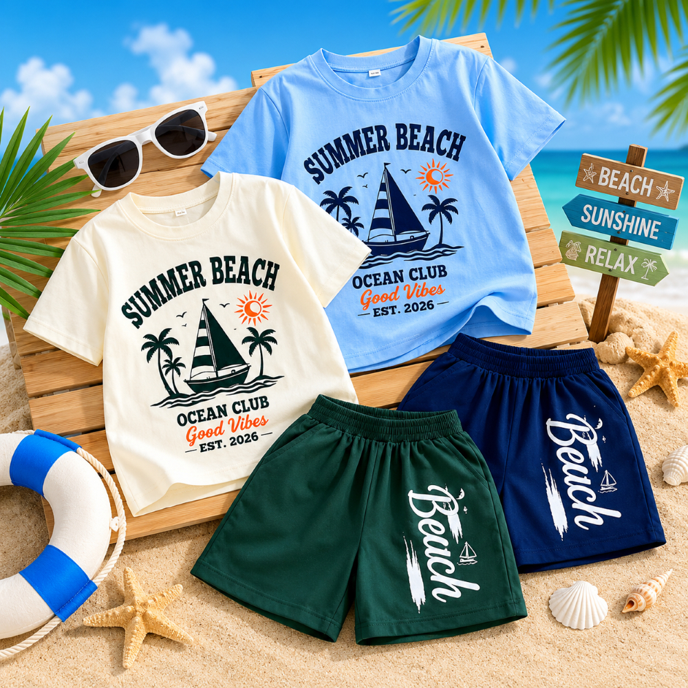 Bộ Bé Trai SUMMER BEACH Cotton Mềm Mát, Áo Thun Tay Ngắn Quần Short Năng Động Cho Bé 17-60kg