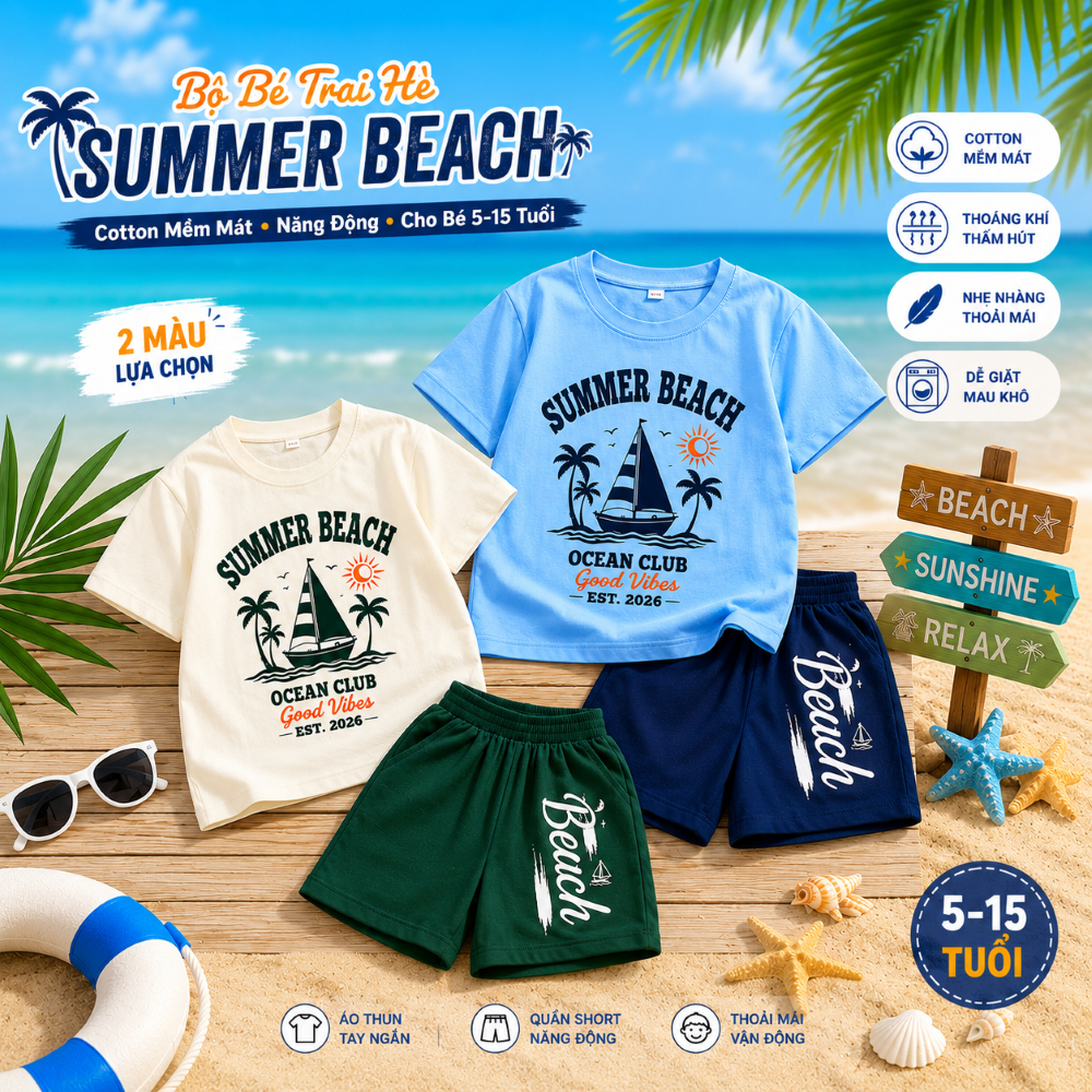 Bộ Bé Trai SUMMER BEACH Cotton Mềm Mát, Áo Thun Tay Ngắn Quần Short Năng Động Cho Bé 17-60kg