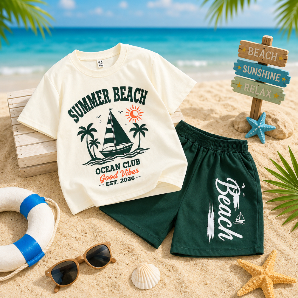 Bộ Bé Trai SUMMER BEACH Cotton Mềm Mát, Áo Thun Tay Ngắn Quần Short Năng Động Cho Bé 17-60kg