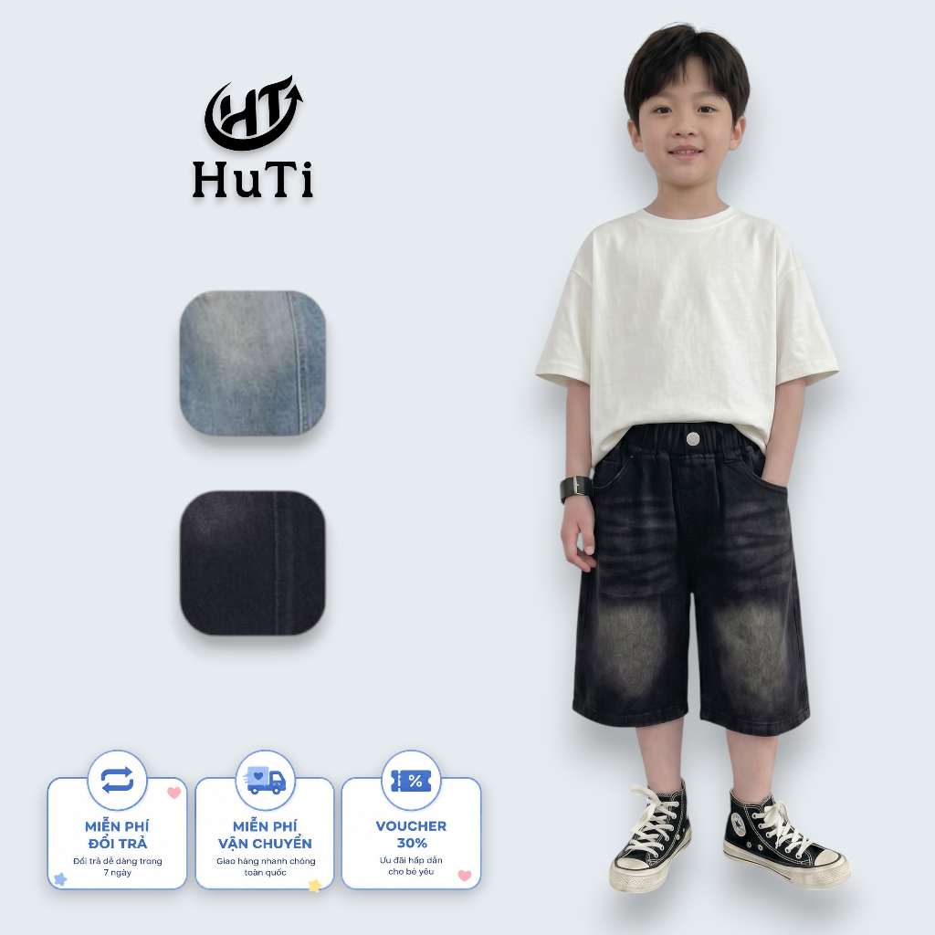 Quần Short Jeans HuTi Kids Cho Bé - Quần Đùi Lửng Thời Trang Cao Cấp Cho Bé Trai Bé Gái (10-38kg)