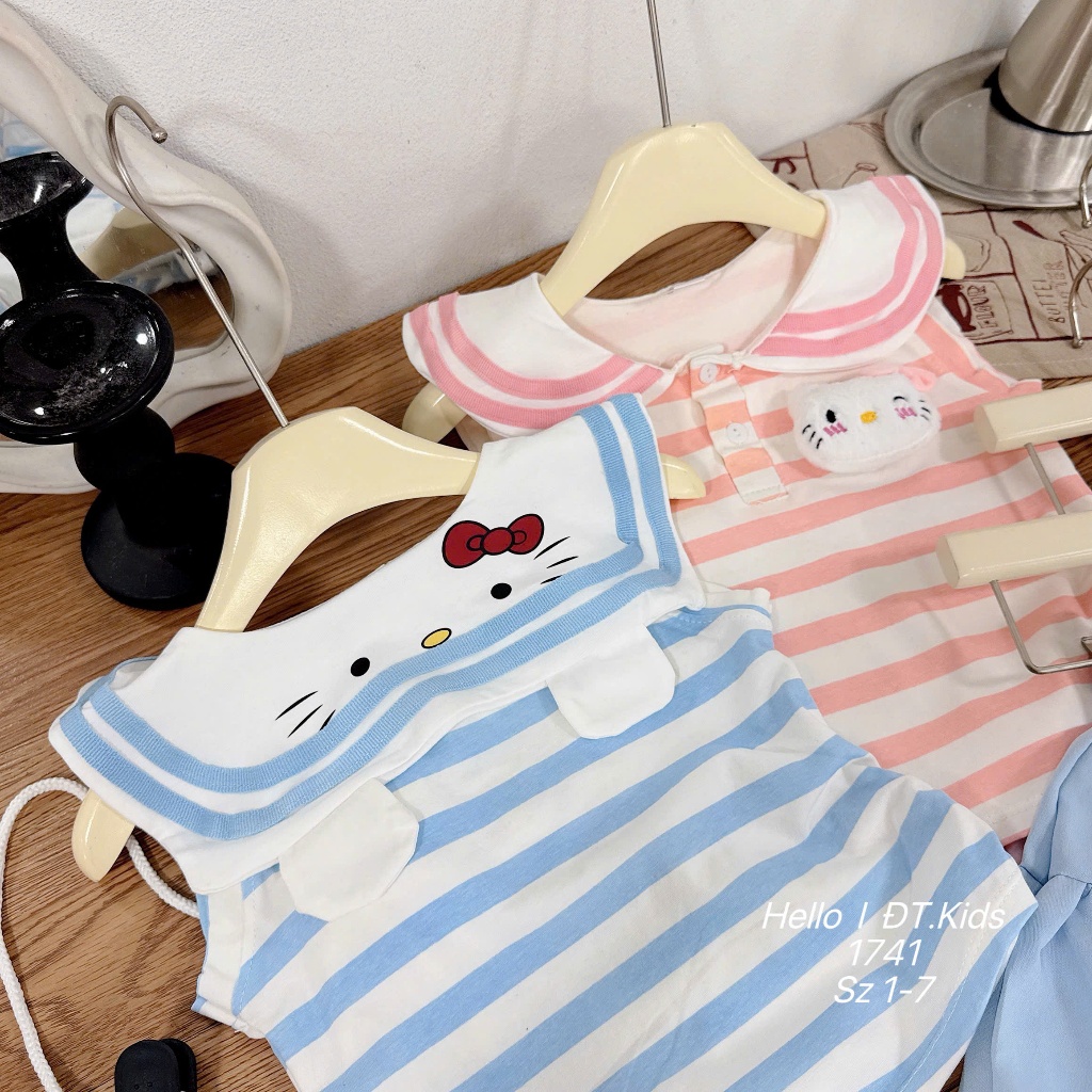 Sét Váy Suông Cổ Sen Chất Cotton Cho Bé Gái Váy Họa Tiết Sọc Ngang In Hình Hello Kitty BR23 Cho Bé Gái