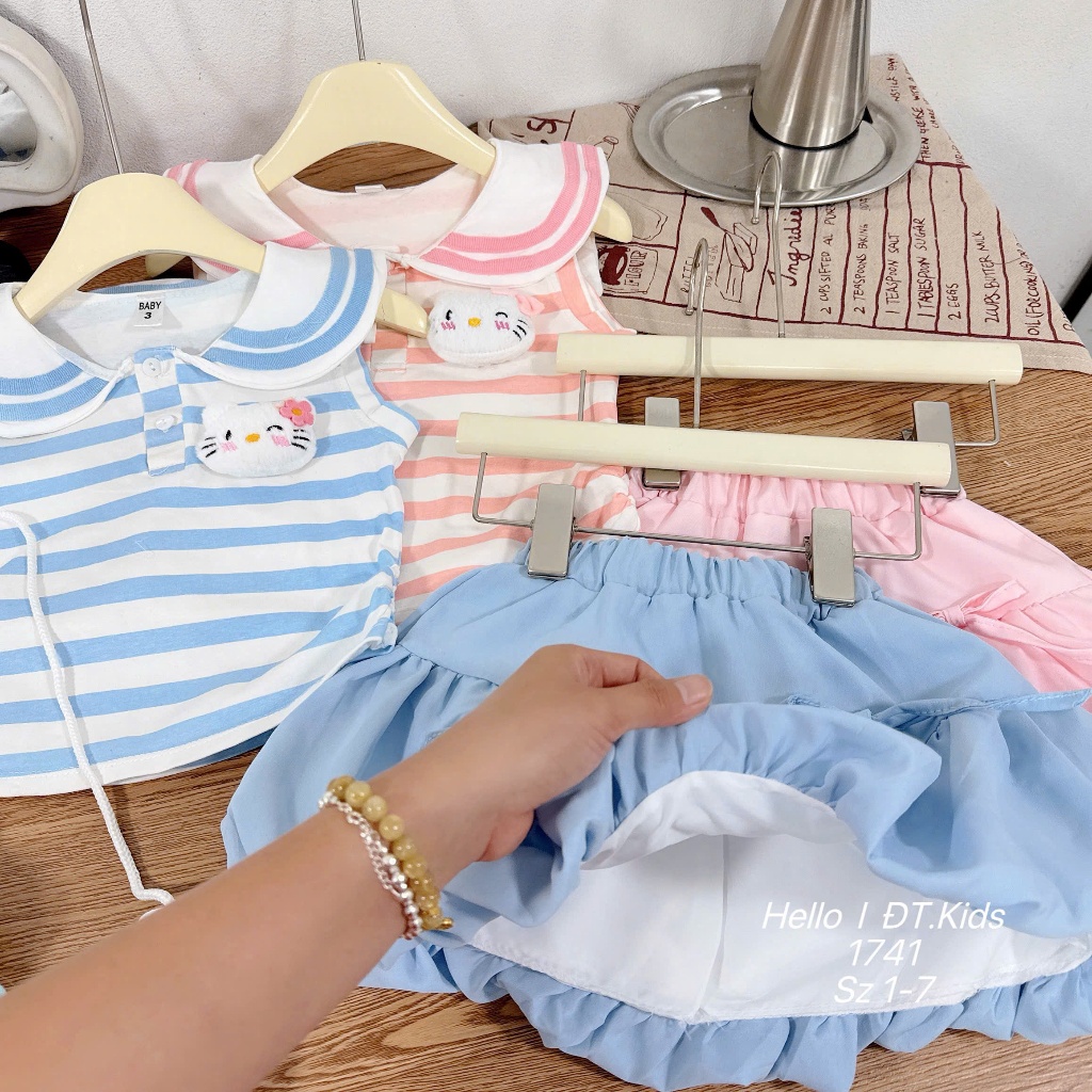 Sét Váy Suông Cổ Sen Chất Cotton Cho Bé Gái Váy Họa Tiết Sọc Ngang In Hình Hello Kitty BR23 Cho Bé Gái