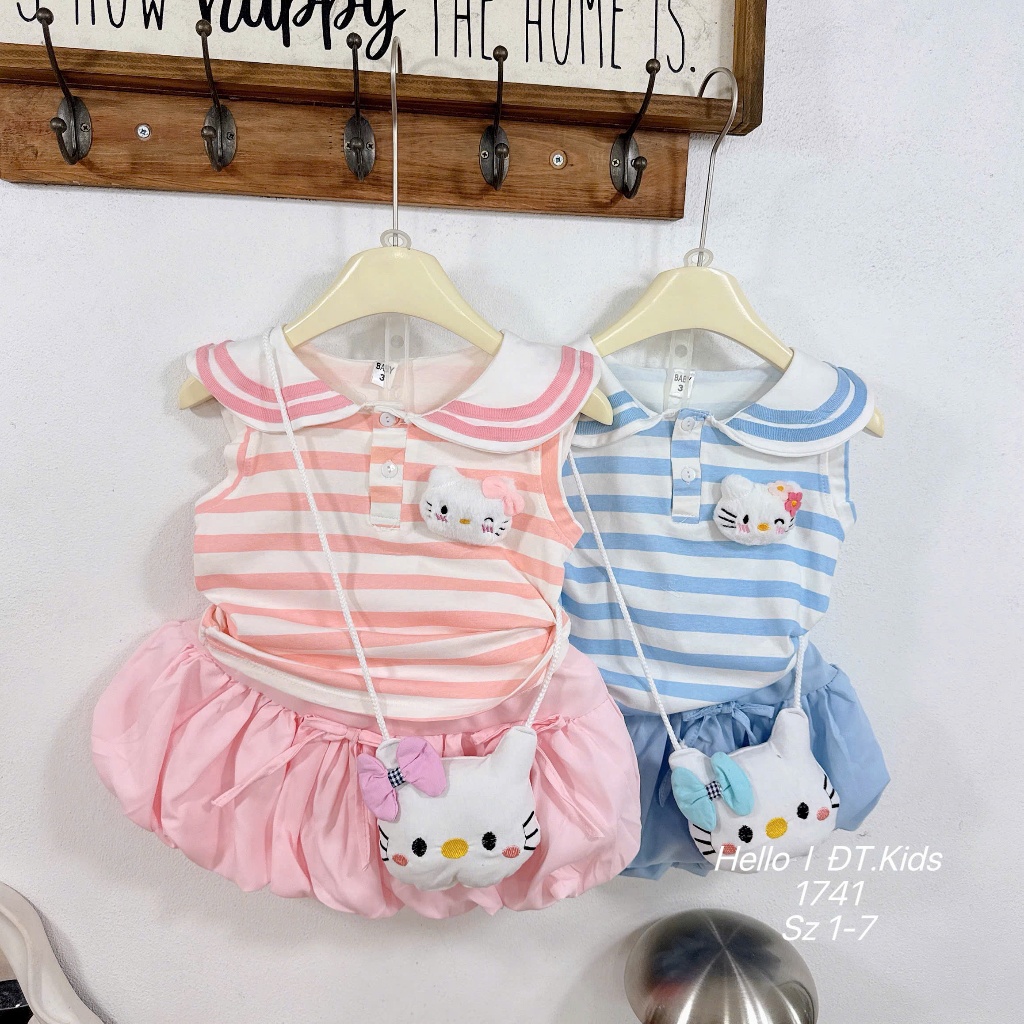 Sét Váy Suông Cổ Sen Chất Cotton Cho Bé Gái Váy Họa Tiết Sọc Ngang In Hình Hello Kitty BR23 Cho Bé Gái