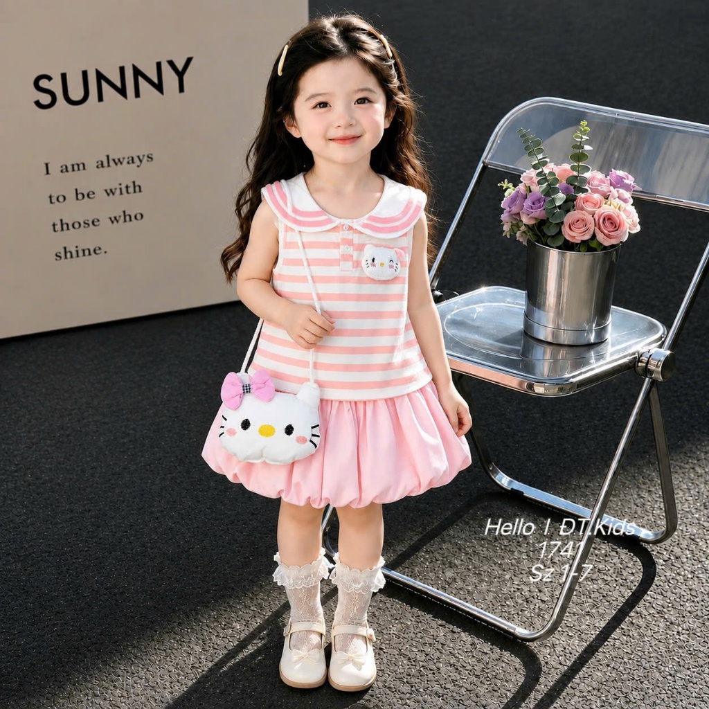 Sét Váy Suông Cổ Sen Chất Cotton Cho Bé Gái Váy Họa Tiết Sọc Ngang In Hình Hello Kitty BR23 Cho Bé Gái