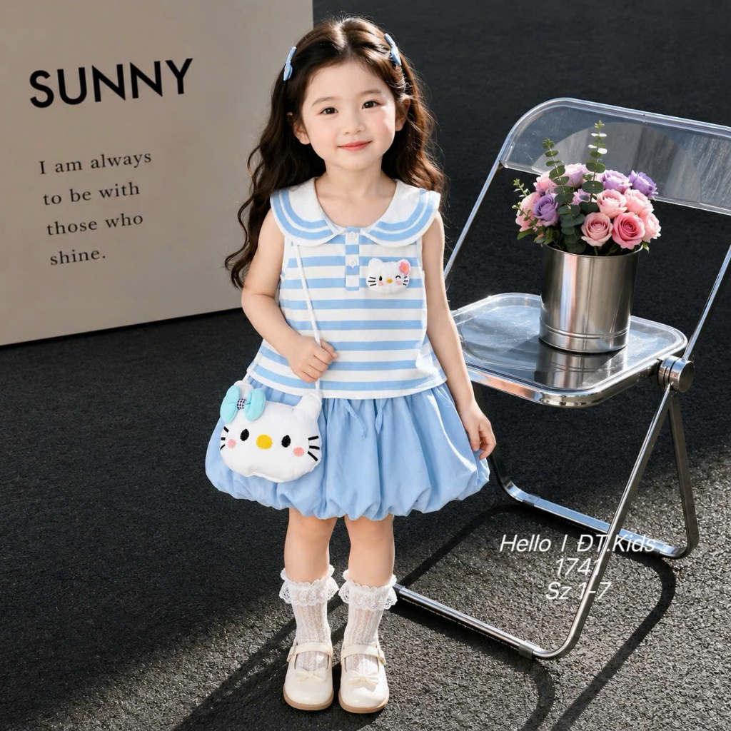 Sét Váy Suông Cổ Sen Chất Cotton Cho Bé Gái Váy Họa Tiết Sọc Ngang In Hình Hello Kitty BR23 Cho Bé Gái