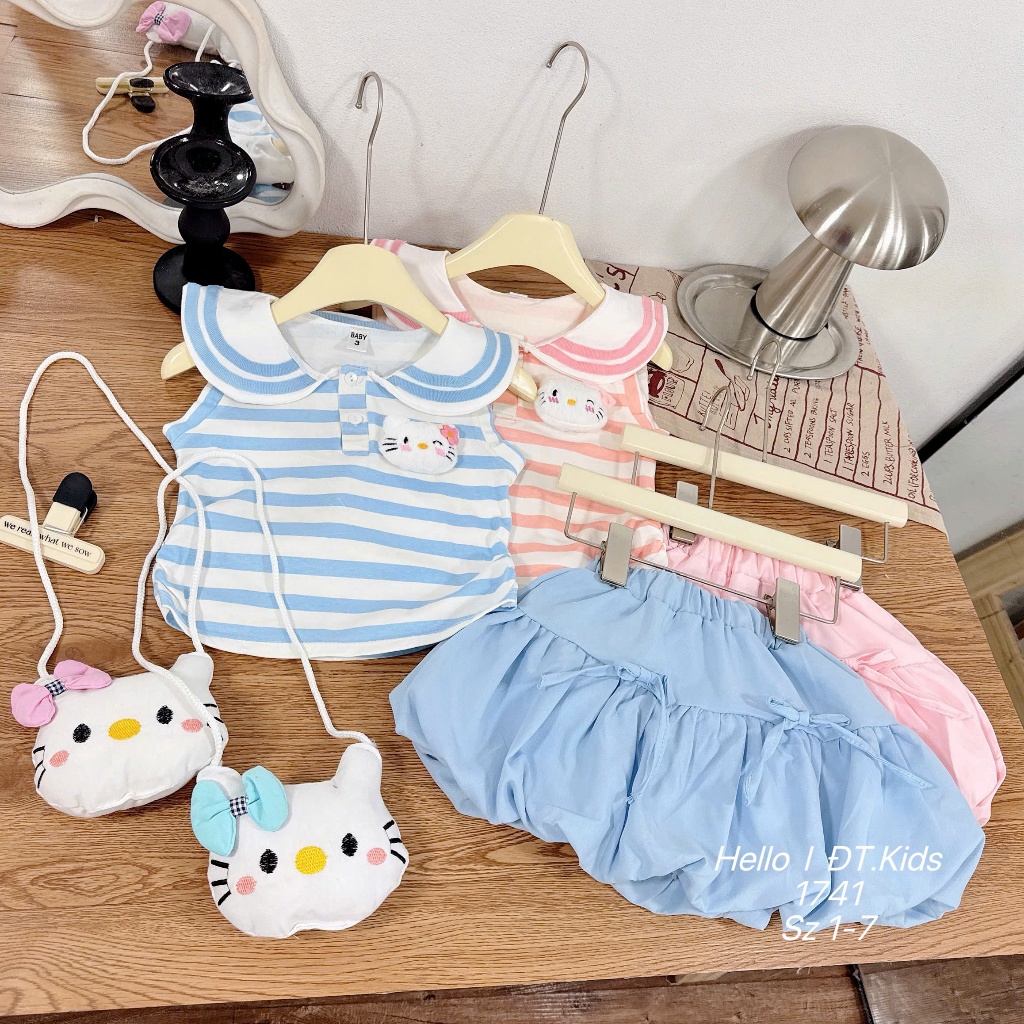 Sét Váy Suông Cổ Sen Chất Cotton Cho Bé Gái Váy Họa Tiết Sọc Ngang In Hình Hello Kitty BR23 Cho Bé Gái