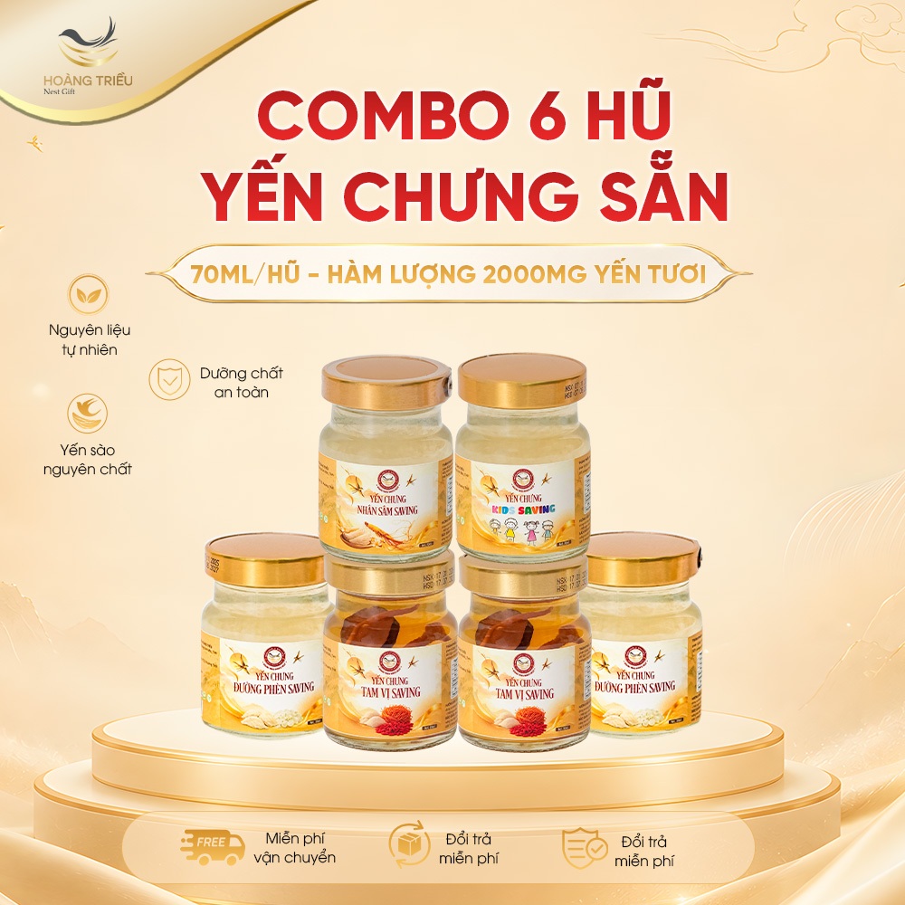Hoàng Triều Bird's Nest - Combo 6 hũ Yến chưng sẵn 70ml_2000mg Yến Tươi l Chọn vị
