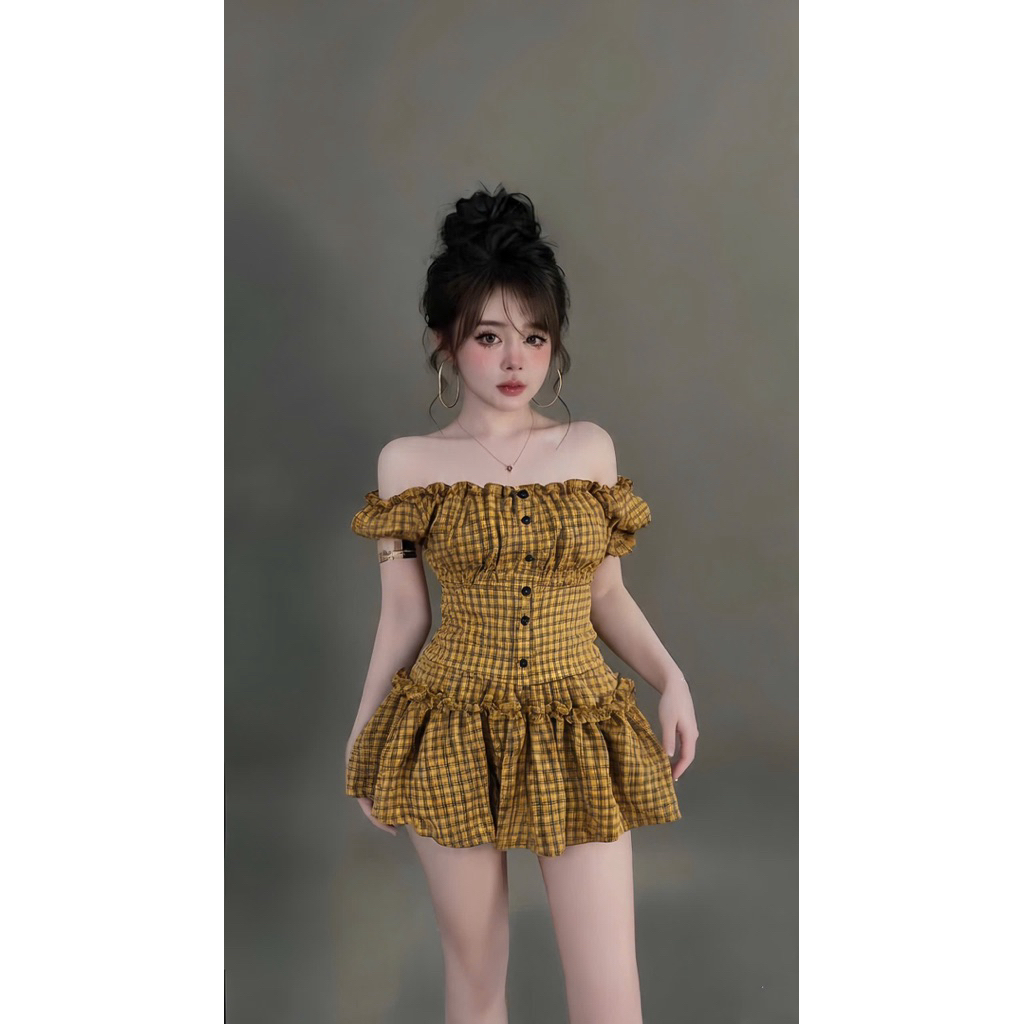Set áo trễ vai kẻ mix chân váy kẻ ngắn xinh iu