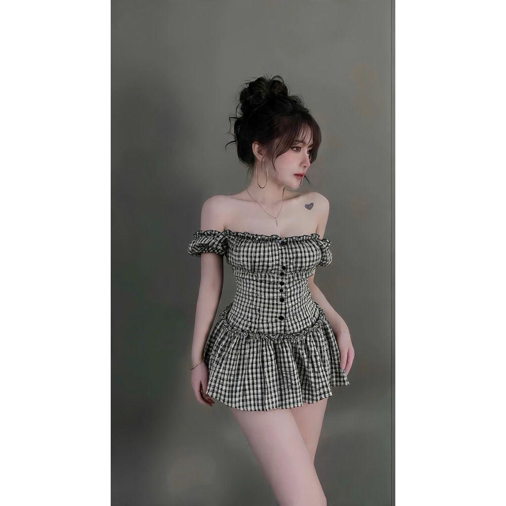 Set áo trễ vai kẻ mix chân váy kẻ ngắn xinh iu