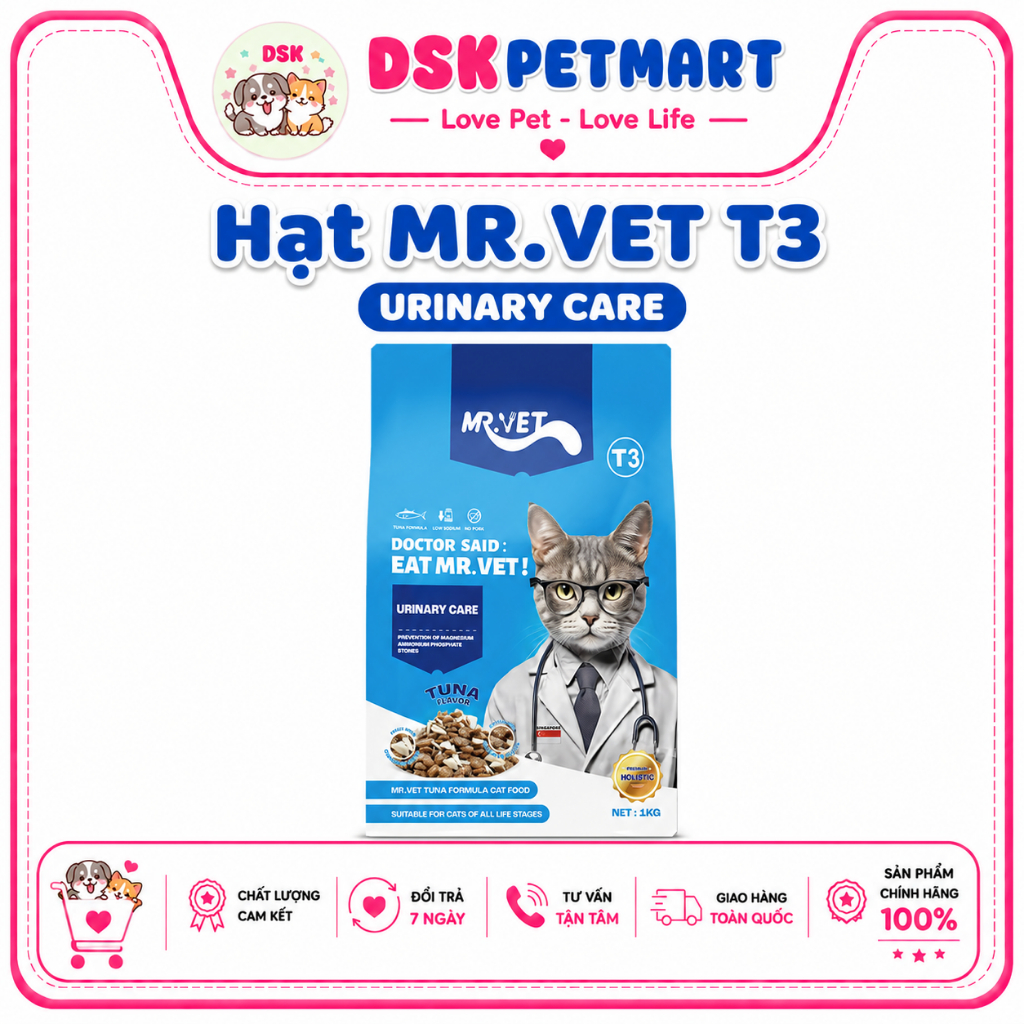 Thức Ăn Hạt Cho Mèo MR.VET T3 Kèm Sợi Thịt Gà , Hỗ Trợ Sỏi Thận Đường Tiết Niệu - Túi 1KG