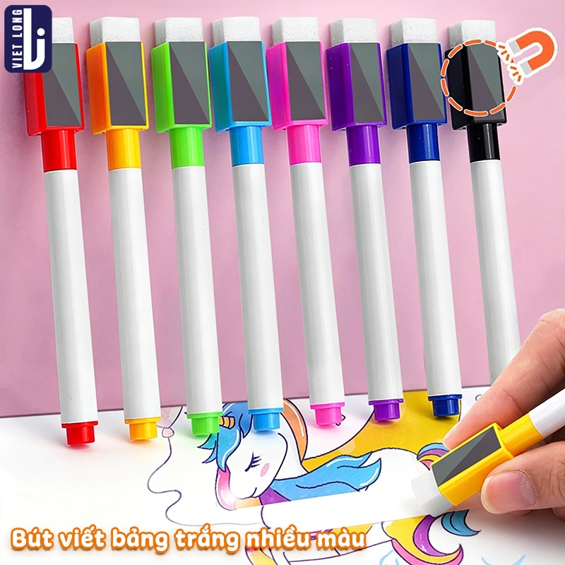 Bút Lông Viết Bảng - Combo 10 Cây 8 Màu Cho Bé Vẽ Tranh Sáng Tạo, Có Đầu Xóa Xóa Được Dễ Dàng Mực Không Dính Bảng Trắng