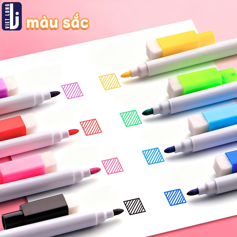 Bút Lông Viết Bảng - Combo 10 Cây 8 Màu Cho Bé Vẽ Tranh Sáng Tạo, Có Đầu Xóa Xóa Được Dễ Dàng Mực Không Dính Bảng Trắng