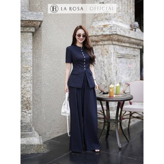 Set Đồ Công Sở Thanh Lịch La Rosa Áo Kẻ Ngắn Tay Đính Cúc Nổi Kèm Quần Ống Suông Rộng Sang Trọng Cao Cấp S1098