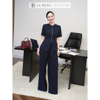 Set Đồ Công Sở Thanh Lịch La Rosa Áo Kẻ Ngắn Tay Đính Cúc Nổi Kèm Quần Ống Suông Rộng Sang Trọng Cao Cấp S1098