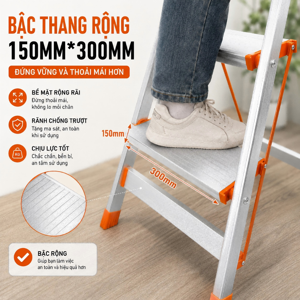 Thang inox chữ A gấp gọn chịu tải 500kg bậc thang to rộng chống trượt an toàn tiện lợi dùng cho gia đình và văn phòng