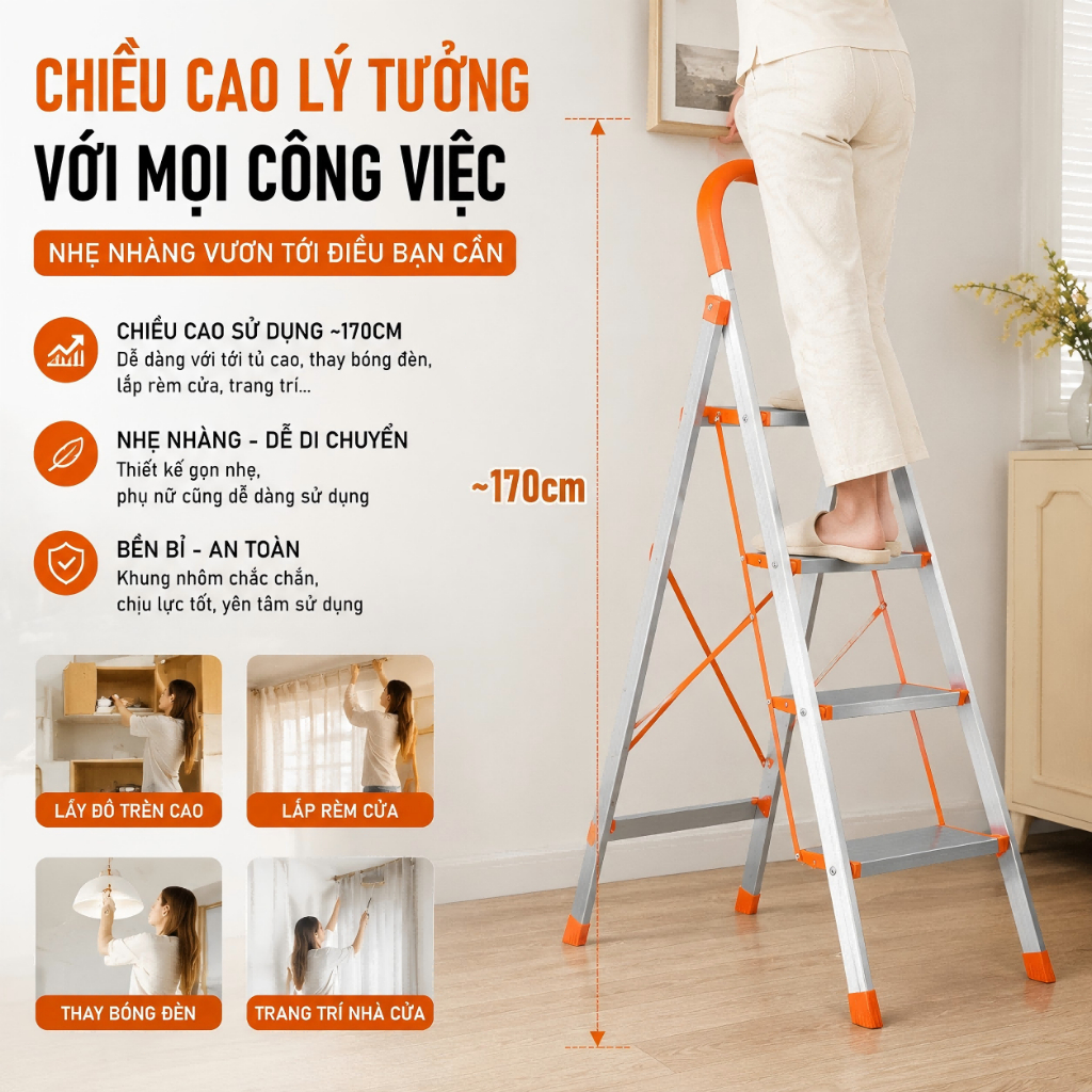 Thang inox chữ A gấp gọn chịu tải 500kg bậc thang to rộng chống trượt an toàn tiện lợi dùng cho gia đình và văn phòng