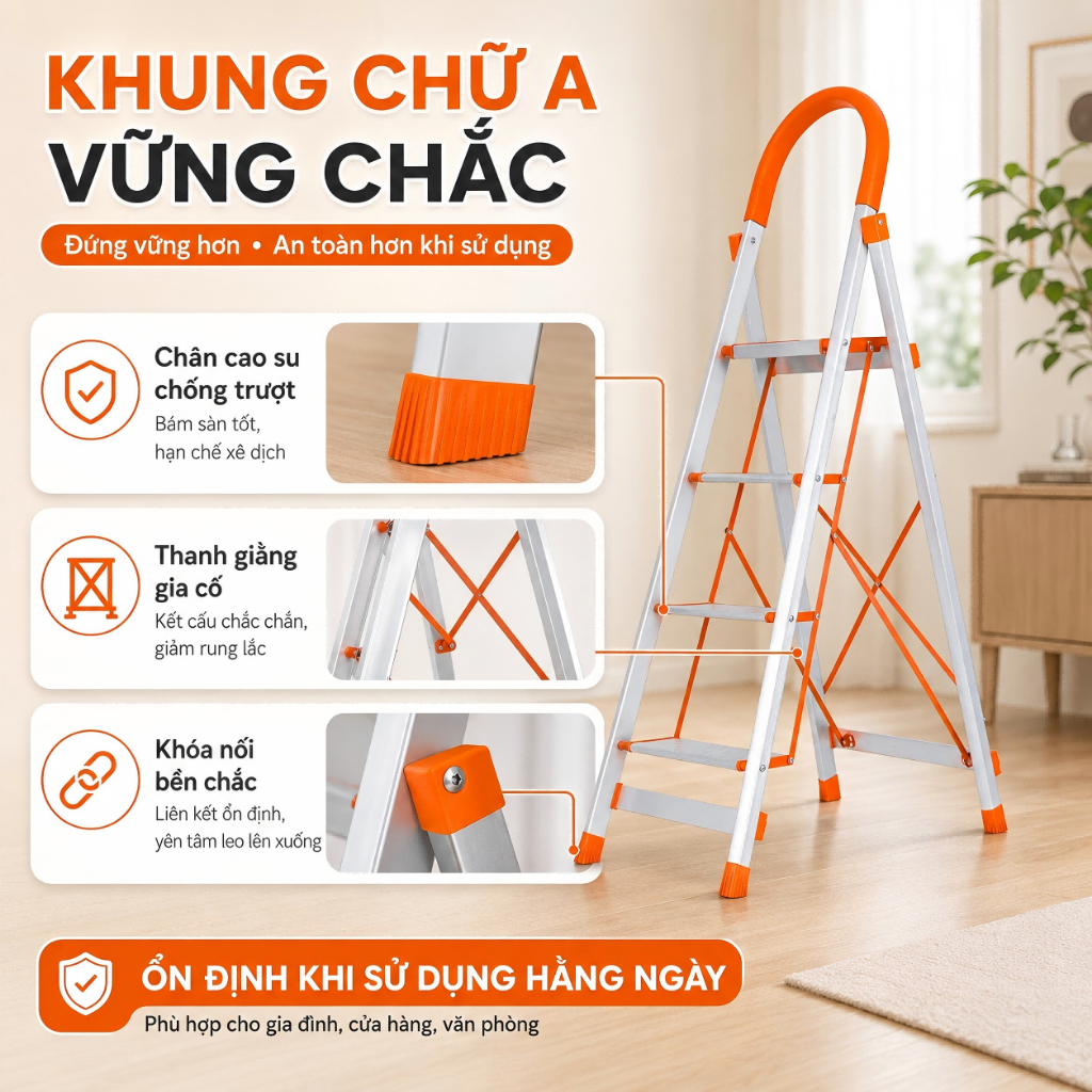 Thang inox chữ A gấp gọn chịu tải 500kg bậc thang to rộng chống trượt an toàn tiện lợi dùng cho gia đình và văn phòng