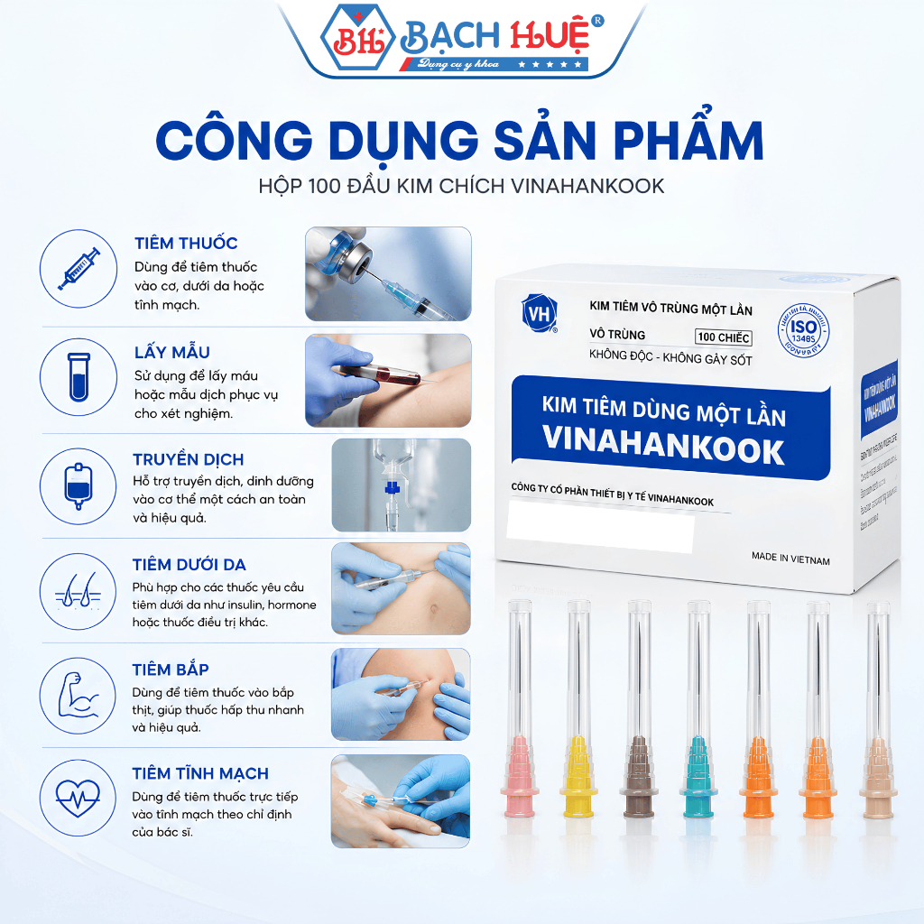 Hộp 100 Đầu Kim Chích Vinahankook Tiệt Trùng EO Dùng Một Lần - Tiệt trùng EO, sắc bén, an toàn