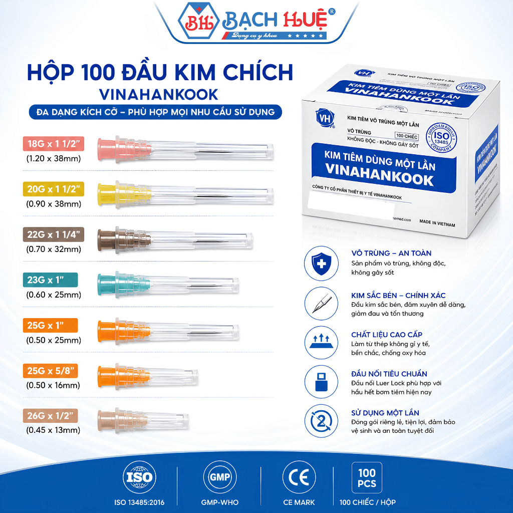 Hộp 100 Đầu Kim Chích Vinahankook Tiệt Trùng EO Dùng Một Lần - Tiệt trùng EO, sắc bén, an toàn