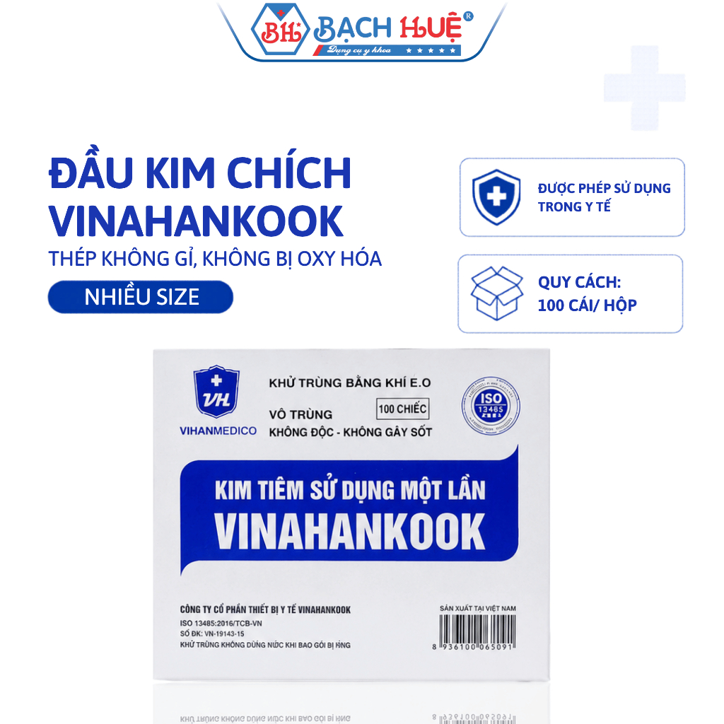 Hộp 100 Đầu Kim Chích Vinahankook Tiệt Trùng EO Dùng Một Lần - Tiệt trùng EO, sắc bén, an toàn