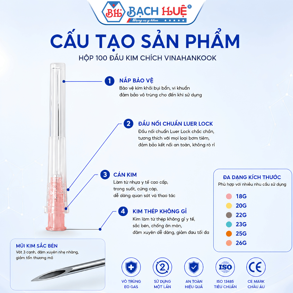 Hộp 100 Đầu Kim Chích Vinahankook Tiệt Trùng EO Dùng Một Lần - Tiệt trùng EO, sắc bén, an toàn