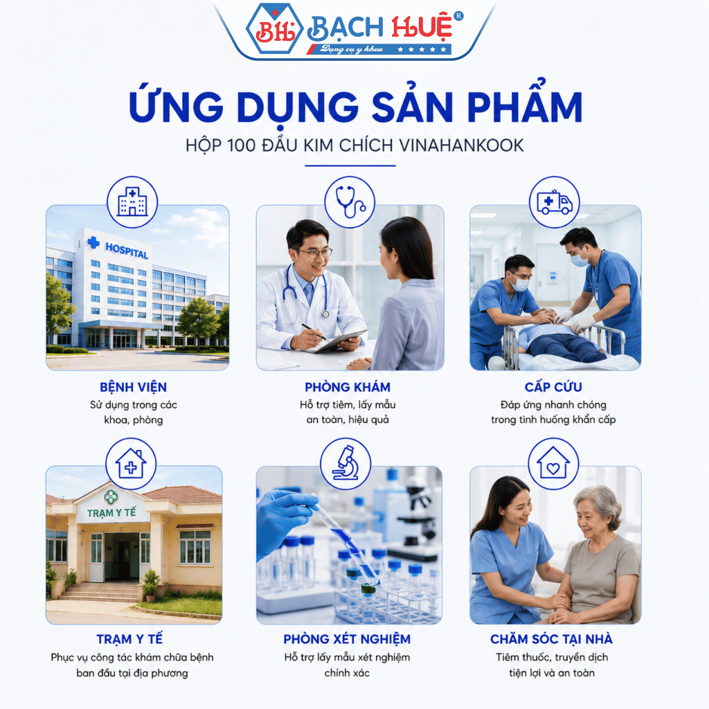 Hộp 100 Đầu Kim Chích Vinahankook Tiệt Trùng EO Dùng Một Lần - Tiệt trùng EO, sắc bén, an toàn