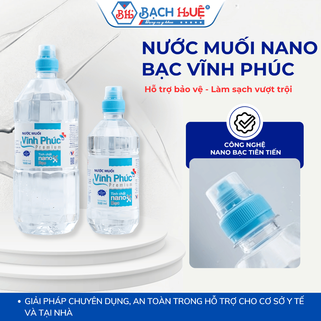 Nước Muối Nano Bạc Vĩnh Phúc Premium - Dung Dịch Súc Miệng, Làm Sạch Da Đa Năng (Chai 500ml /1000ml)