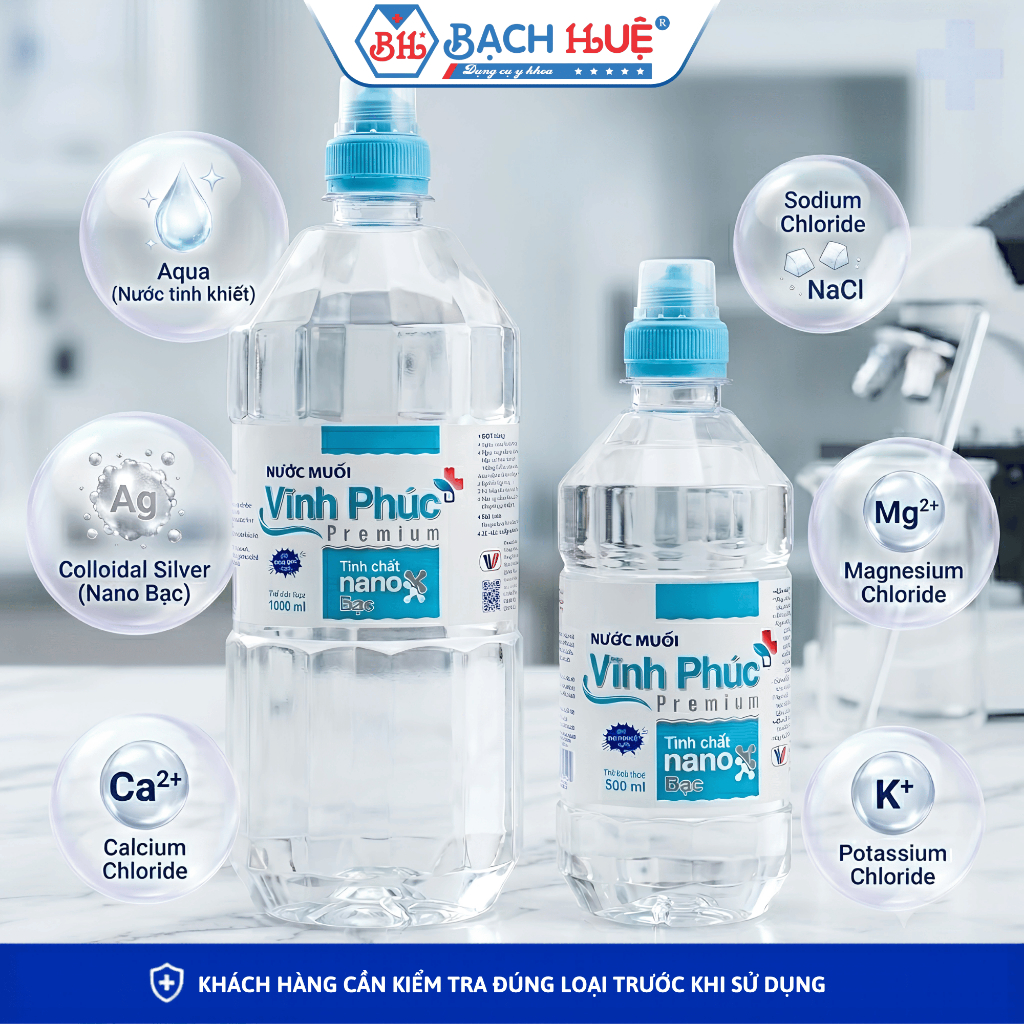 Nước Muối Nano Bạc Vĩnh Phúc Premium - Dung Dịch Súc Miệng, Làm Sạch Da Đa Năng (Chai 500ml /1000ml)