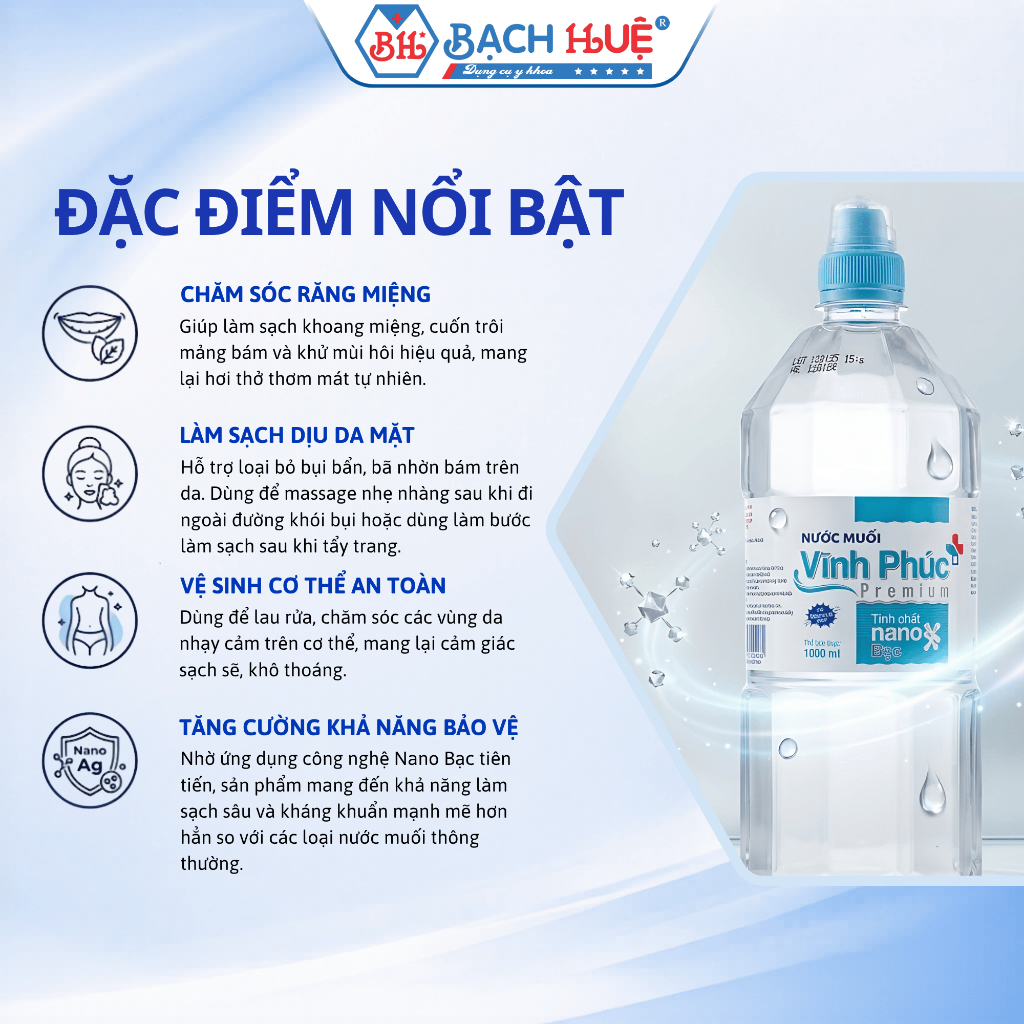 Nước Muối Nano Bạc Vĩnh Phúc Premium - Dung Dịch Súc Miệng, Làm Sạch Da Đa Năng (Chai 500ml /1000ml)