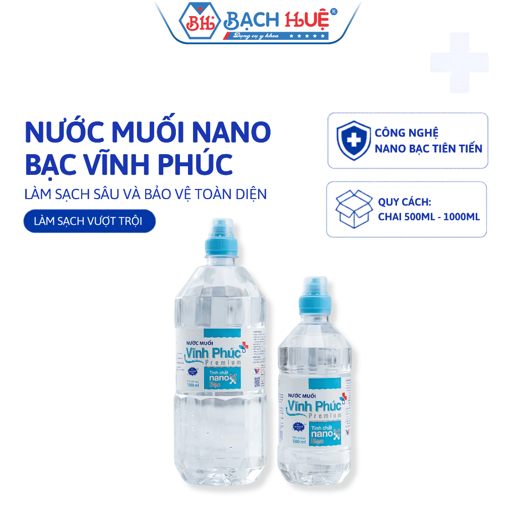 Nước Muối Nano Bạc Vĩnh Phúc Premium - Dung Dịch Súc Miệng, Làm Sạch Da Đa Năng (Chai 500ml /1000ml)