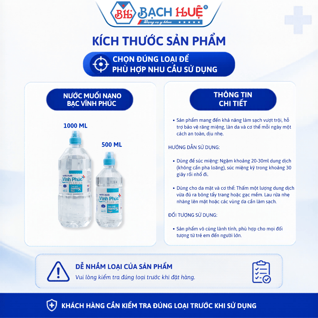 Nước Muối Nano Bạc Vĩnh Phúc Premium - Dung Dịch Súc Miệng, Làm Sạch Da Đa Năng (Chai 500ml /1000ml)