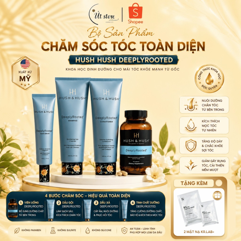 Bộ Dầu Gội Xả Deeply Rooted Hush & Hush Chính Hãng Viên Uống Dưỡng Tóc, Tinh Chất Kích Thích Mọc Tóc
