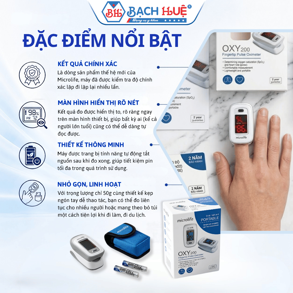 Máy Đo Nồng Độ Oxy Microlife OXY 200 - Thiết Bị Kẹp Tay Theo Dõi Oxy, Nhịp Tim Nhanh Chóng