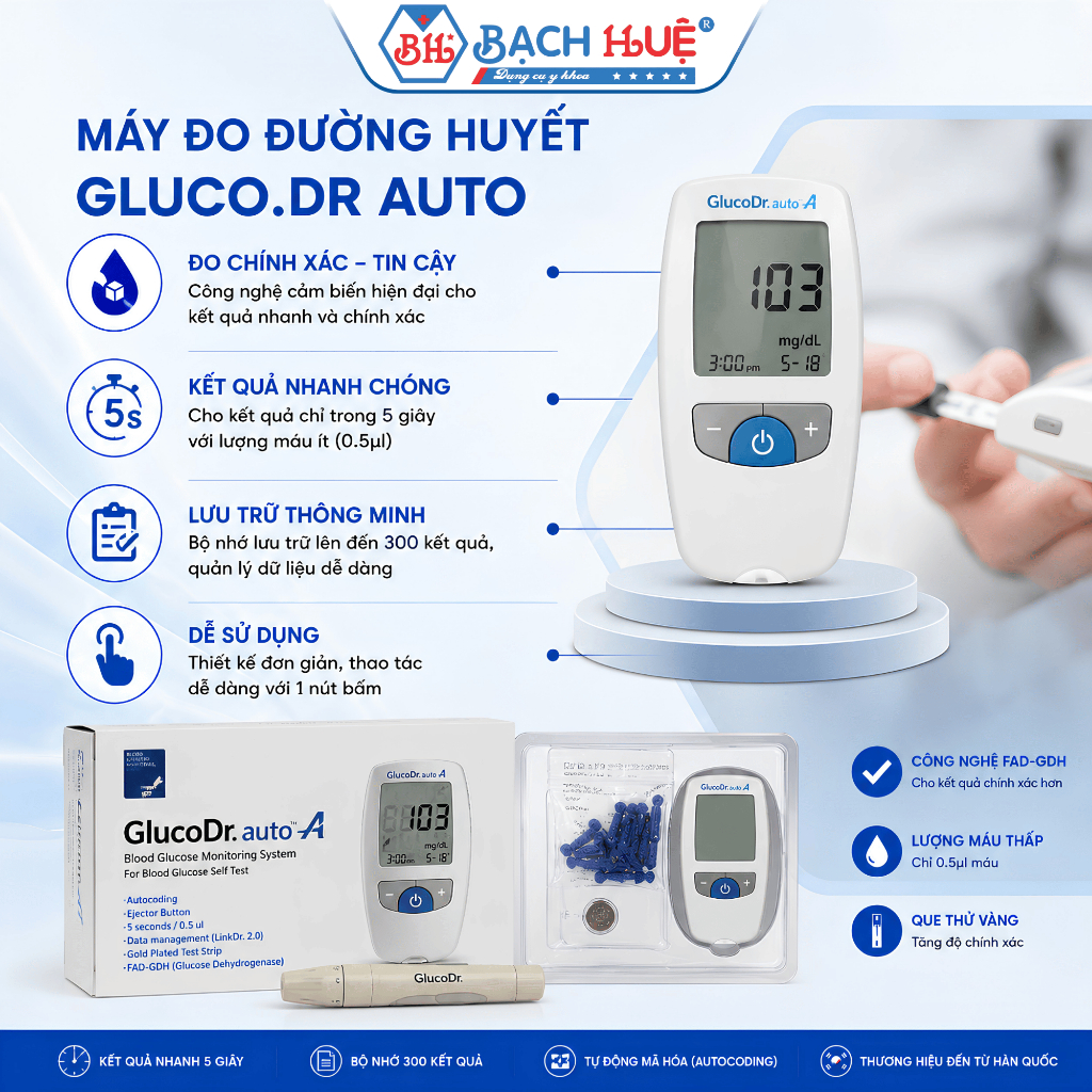 Máy Đo Đường Huyết GlucoDr Auto A Kèm Bút Lấy Máu Máy Thử Tiểu Đường - Nhanh chóng, chính xác và tiện lợi