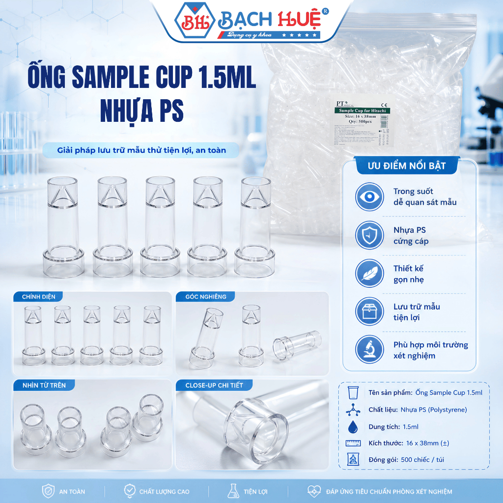 Túi 500 Ống Sample Cup 1.5ml (16x38mm) - Cốc Nhựa PS Trong Suốt Đựng Mẫu Thử An Toàn Tiết Kiệm