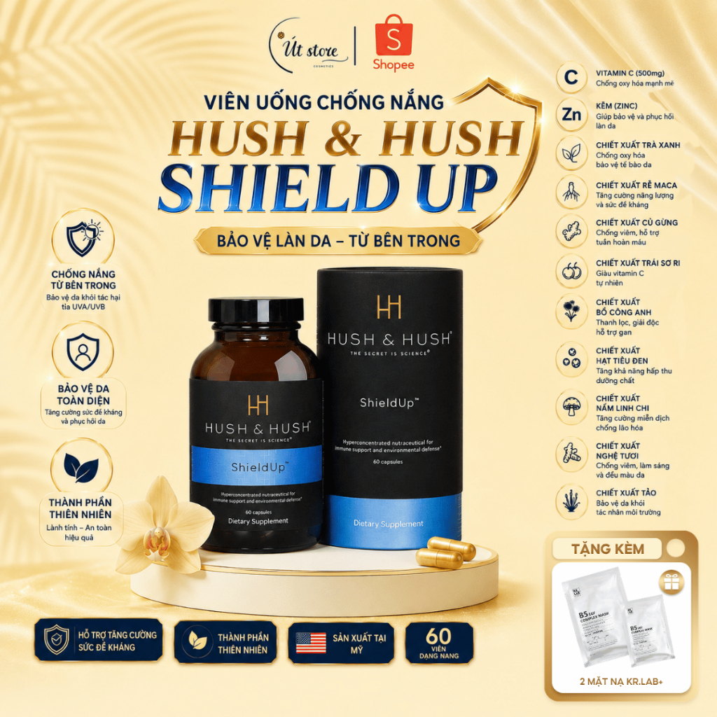 Viên uống chống nắng Shield Up Hush & Hush bảo vệ da - Hộp 60 viên