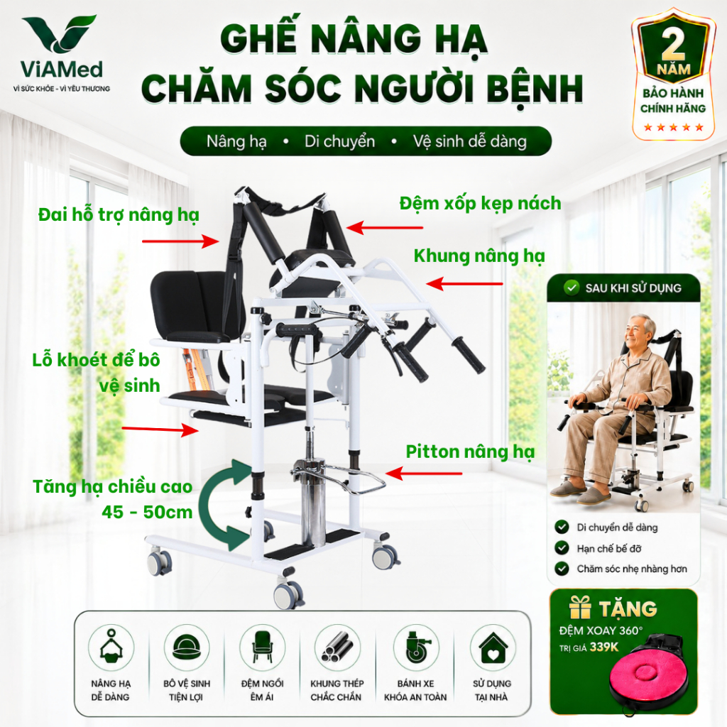 Ghế Nâng Hạ chuyển bệnh nhân Đi Vệ Sinh, Tắm Rửa Tại Nhà - Hỗ Trợ Người Tai Biến, Liệt, Người Già Không Cần Bế Đỡ