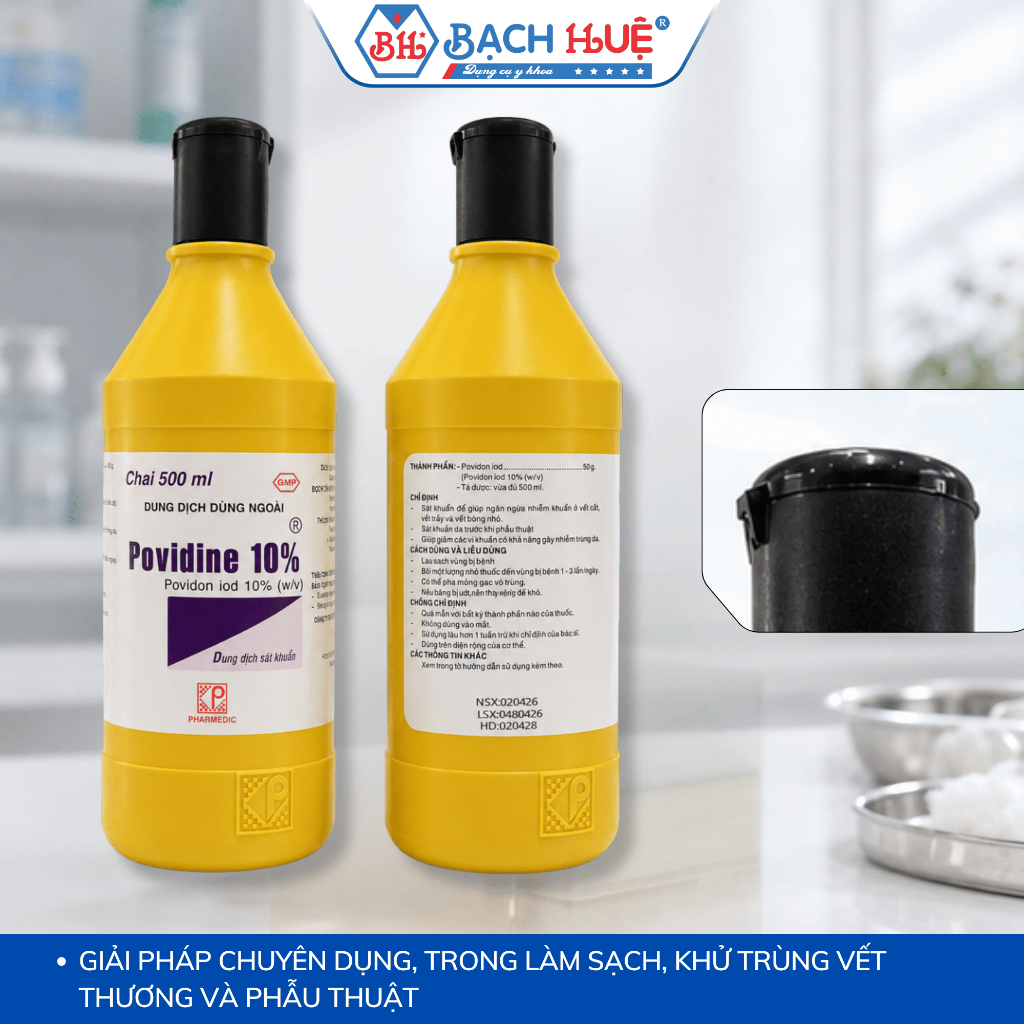 Chai Dung Dịch Povidine 10% Chai Lớn 500ml - Hỗ Trợ Làm Sạch Da, Vệ Sinh Đồ Dùng Tiện Lợi